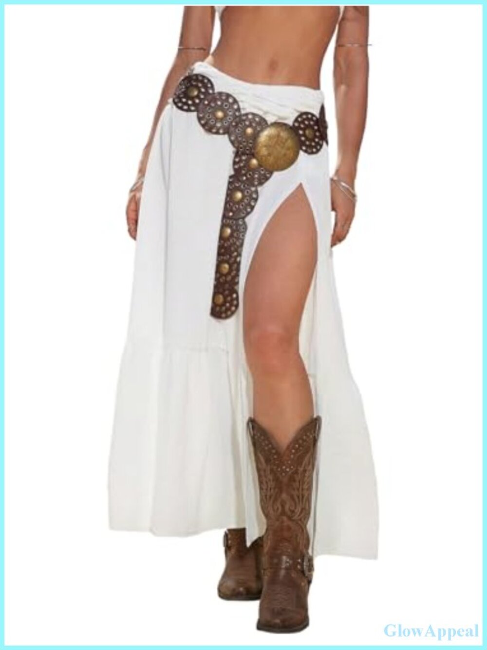 Women's High Slit Maxi Skirt Cowgirl Ruffle Hem Flowy Boho